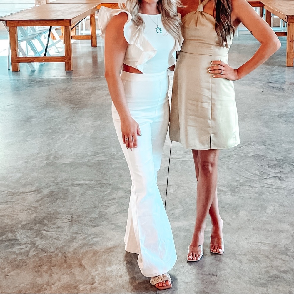 White Ruffled Flare Jumpsuit - Picture 2 of 4